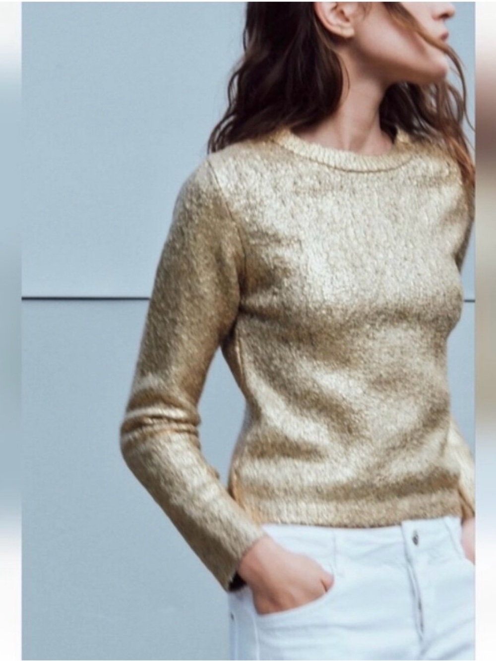 Zara Foil Knit Gold Bronze Metallic Crewneck Sweater Size Small